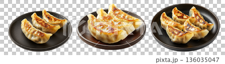 Golden pan-fried Japanese gyoza dumplings served on plate, isolated on white background, concept of Asian cuisine 136035047
