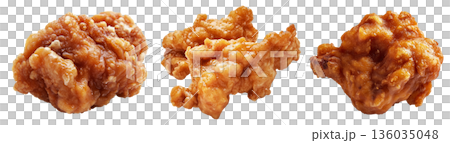 Crispy glazed fried chicken Karaage nuggets isolated on white transparent background. Concept of Asian cuisine and Japan Crispy glazed fried chicken Karaage nuggets isolated on white transparent background. Concept of Asian cuisine and Japan 136035048