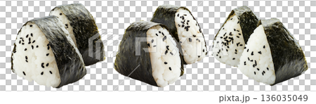 Japanese salmon onigiri rice ball wrapped in nori seaweed, isolated on white background, Asian cuisine concept Japanese salmon onigiri rice ball wrapped in nori seaweed, isolated on white background, Asian cuisine concept 136035049
