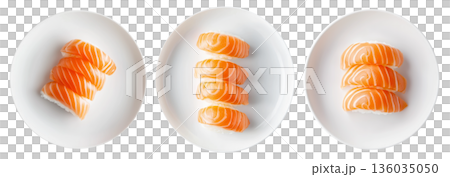 Salmon nigiri sushi arranged neatly on white plate, isolated on white background, concept of Japanese cuisine Salmon nigiri sushi arranged neatly on white plate, isolated on white background, concept of Japanese cuisine 136035050