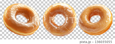 Tasty round donut topped with caramel and vanilla glaze swirl, isolated on white transparent background 136035055