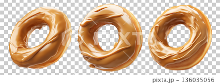 Tasty caramel-glazed donut topped with crunchy nuts, isolated on white transparent background Tasty caramel-glazed donut topped with crunchy nuts, isolated on white transparent background 136035056