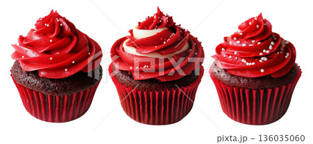 Chocolate cupcake with red swirl frosting and white sprinkles, isolated on white transparent background. Chocolate cupcake with red swirl frosting and white sprinkles, isolated on white transparent background. 136035060