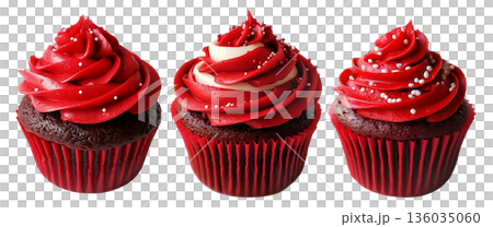 Chocolate cupcake with red swirl frosting and white sprinkles, isolated on white transparent background. Chocolate cupcake with red swirl frosting and white sprinkles, isolated on white transparent background. 136035060