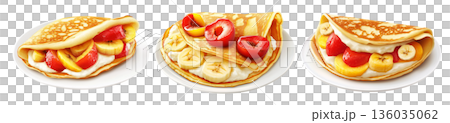 Delicious folded pancake filled with banana slices, raspberries, and cream, isolated on white transparent background Delicious folded pancake filled with banana slices, raspberries, and cream, isolated on white transparent background 136035062
