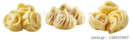 Set of Steamed Banana dumplings with intricate twisted edges, isolated on white background. Concept of Asian cuisine and food art 136035067