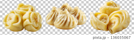 Set of Steamed Banana dumplings with intricate twisted edges, isolated on white background. Concept of Asian cuisine and food art 136035067