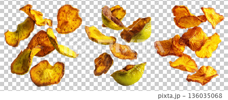 Set of Fiji takeaway and street foods fried breadfruit chips rustic alternative to potato chips on white transparent background Set of Fiji takeaway and street foods fried breadfruit chips rustic alternative to potato chips on white transparent background 136035068