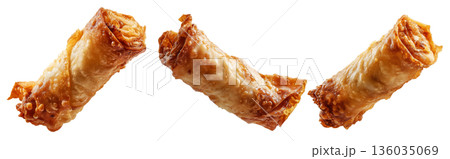 Set of Australia Chiko Roll or crispy  fried chicken wrap stuffed with melted cheese, bell peppers, and meat, on white background 136035069