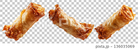 Set of Australia Chiko Roll or crispy  fried chicken wrap stuffed with melted cheese, bell peppers, and meat, on white background 136035069