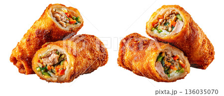 Set of Australia Chiko Roll or crispy fried chicken wrap stuffed with melted cheese, bell peppers, and meat, on white background Set of Australia Chiko Roll or crispy fried chicken wrap stuffed with melted cheese, bell peppers, and meat, on white background 136035070