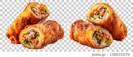 Set of Australia Chiko Roll or crispy fried chicken wrap stuffed with melted cheese, bell peppers, and meat, on white background Set of Australia Chiko Roll or crispy fried chicken wrap stuffed with melted cheese, bell peppers, and meat, on white background 136035070