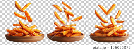 Set of Kumara sweet potato fries with black pepper and herbs on wooden plate, on white, concept of New Zealand fast food snack 136035073