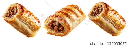 Set of Australia Sausage roll puff pastry filled with minced meat, golden flaky crust on white background, baked snack or meal Set of Australia Sausage roll puff pastry filled with minced meat, golden flaky crust on white background, baked snack or meal 136035075