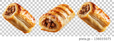 Set of Australia Sausage roll puff pastry filled with minced meat, golden flaky crust on white background, baked snack or meal Set of Australia Sausage roll puff pastry filled with minced meat, golden flaky crust on white background, baked snack or meal 136035075