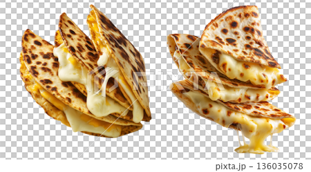 Grilled cheese quesadilla or Cachapas sweet corn pancakes with melted white cheese stacked, isolated on white background 136035078