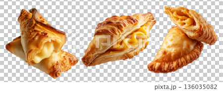 Flaky filled puff pastries pocket with melted cheese oozing out, isolated on white background, concept of Brazil snack Flaky filled puff pastries pocket with melted cheese oozing out, isolated on white background, concept of Brazil snack 136035082