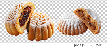 Traditional Maamoul cookies, one halved showing date and nut filling, isolated on white background, concept of Arabic desserts Traditional Maamoul cookies, one halved showing date and nut filling, isolated on white background, concept of Arabic desserts 136035085