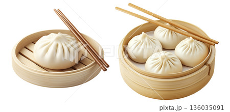 Chinese steamed buns Char Siu Bao with sweet barbecued pork filling in bamboo steamer basket isolated on white 136035091