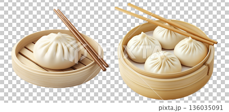 Chinese steamed buns Char Siu Bao with sweet barbecued pork filling in bamboo steamer basket isolated on white 136035091