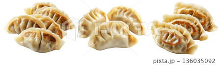 Pan-fried or steamed dumplings Jiaoz with golden crispy bottoms, isolated on white background, concept of Asian cuisine 136035092