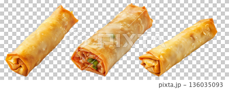 Crispy golden spring rolls with flaky texture shown isolated on white transparent background, Asian snack concept 136035093