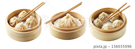 Steamed dumplings Xiao Long Bao in a bamboo steamer isolated on white background, concept of Asian traditional cuisine 136035096