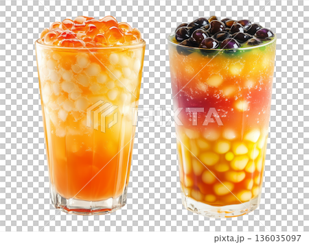 Orange bubble tea Filipino Sagot Gulaman filled with tapioca pearls and topped with mint, isolated on white background. Orange bubble tea Filipino Sagot Gulaman filled with tapioca pearls and topped with mint, isolated on white background. 136035097