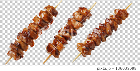 Grilled chicken yakitori skewer with teriyaki glaze or Isaw Filipino street food isolated on white transparent background 136035099