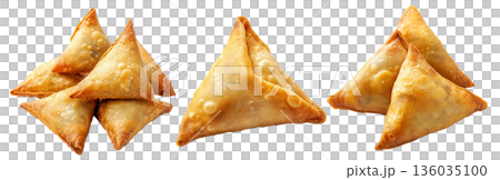 Golden brown crispy samosas isolated on white transparent background, traditional Indian snack concept 136035100