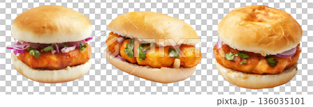 Crispy chicken sandwich Vada pav with red onions, herbs, and soft bun isolated on white background, concept of fast food Crispy chicken sandwich Vada pav with red onions, herbs, and soft bun isolated on white background, concept of fast food 136035101