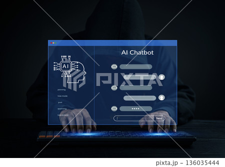 hacker using an AI chatbot interface on a digital screen. Cyber crime, online privacy, and network security. Dark network and data breach. Illegal activity and a dangerous software. 136035444