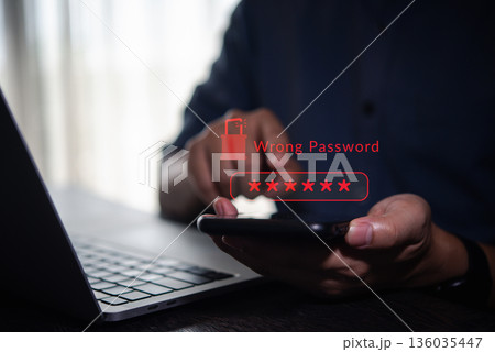 Cybersecurity warning with wrong password error message on smartphone screen, user login attempt failed, online account access denied, and data protection security concept. 136035447