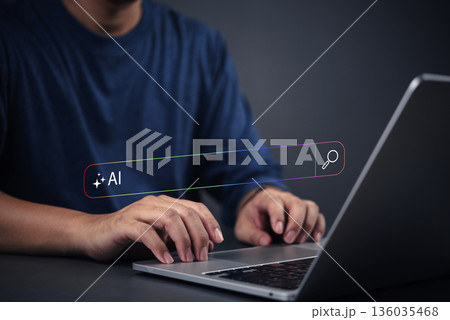 person typing on a laptop AI search bar on the screen, artificial intelligence digital assistant, smart innovation and machine learning. modern technology, data analysis, and software development. person typing on a laptop AI search bar on the screen, artificial intelligence digital assistant, smart innovation and machine learning. modern technology, data analysis, and software development. 136035468