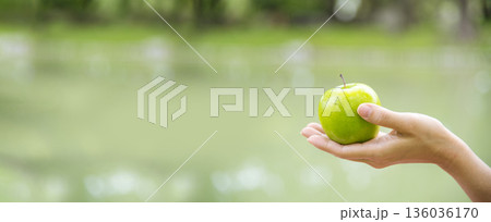 Banner young asian woman bite green Apple Healthy. Girl workout holding organic apple fruit healthy lifestyle. Banner close up women hands holding green apple. Women dieting lifestyle with copy space Banner young asian woman bite green Apple Healthy. Girl workout holding organic apple fruit healthy lifestyle. Banner close up women hands holding green apple. Women dieting lifestyle with copy space 136036170