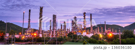 Banner Oil refinery gas petrol plant industry with crude tank, gasoline supply and chemical factory. Petroleum barrel fuel heavy industry oil refinery manufacturing factory plant. Refinery industry 136036180