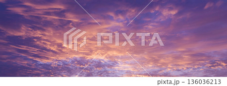 Banner purple sky sunrise dramatic beautiful landscape view. Dawn sky violet pink gold dusk time cloudscape with sunlight. Panorama Dramatic vibrant sunset scenic landscape nature with copy space 136036213