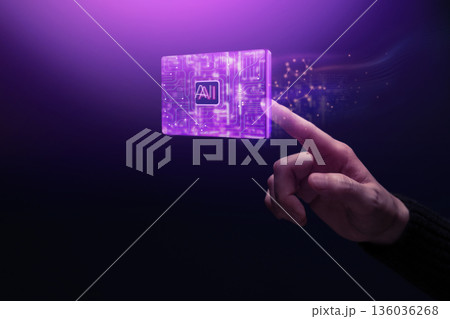 Hand Touching glow AI chip in dark tech futuristic themed. Artificial intelligence Hand Touching glow AI chip in dark tech futuristic themed. Artificial intelligence 136036268