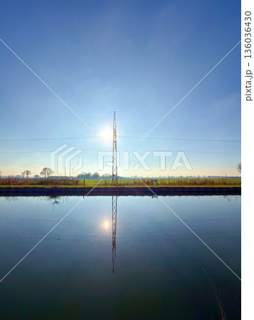 Rijkevorsel, Antwerpse Kempen, Belgium, Serene landscape displayed, Mirrorlike lake with distant Rijkevorsel, Antwerpse Kempen, Belgium, Serene landscape displayed, Mirrorlike lake with distant 136036430
