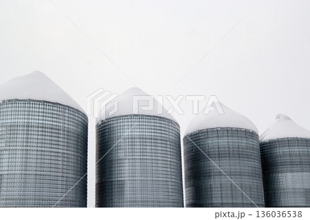 Monochrome of steel grain bins covered with snow after snowfall. 136036538