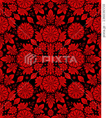 Luxury seamless floral pattern with red flowers on black background. Ornamental gothic style for wallpapers, textiles, fashion prints, wrapping paper Luxury seamless floral pattern with red flowers on black background. Ornamental gothic style for wallpapers, textiles, fashion prints, wrapping paper 136036550