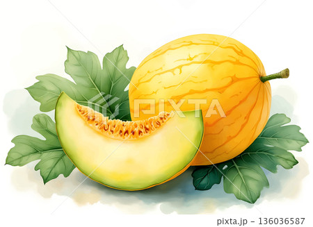 Fresh yellow melon with green leaves showcasing its vibrant color and juicy texture in a colorful setting 136036587