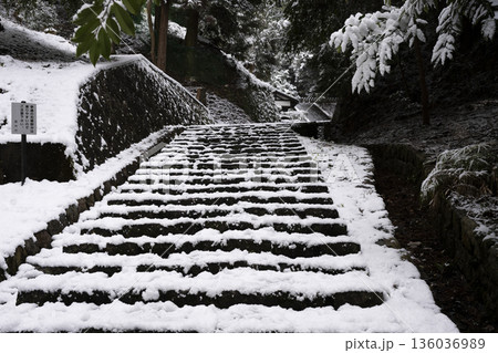 観心寺の雪景色 石段に積もる雪 観心寺の雪景色 石段に積もる雪 136036989