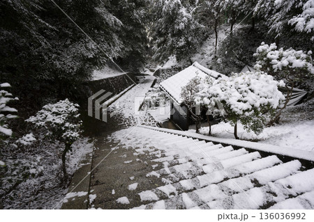 観心寺の雪景色 石段に積もる雪 観心寺の雪景色 石段に積もる雪 136036992