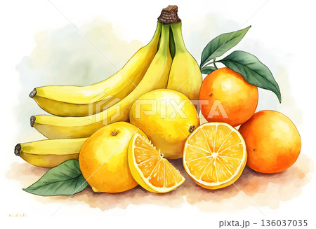 Fresh fruits featuring bananas and oranges arranged on a soft background in a vibrant and colorful display 136037035