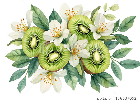 Fresh kiwi fruit halves surrounded by floral elements and green leaves create a vibrant composition 136037052