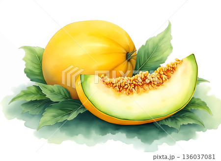 Freshly sliced melon on leafy greens with bright yellow fruit displayed 136037081