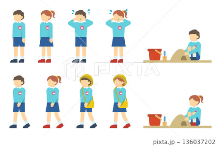 フラットイラスト:スモックを着た男の子と女の子セット フラットイラスト:スモックを着た男の子と女の子セット 136037202
