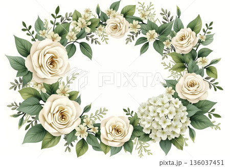 Beautiful white roses and greenery form an elegant floral wreath suitable for various celebrations 136037451