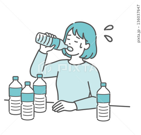 喉が渇いて大量の水を飲む女性のイラスト（糖尿病・多飲・口渇・熱中症） 136037647